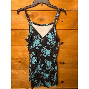 Women's  Floral Print Spaghetti Strap Zipper Dress Gold Chain Detail Lg Edgy